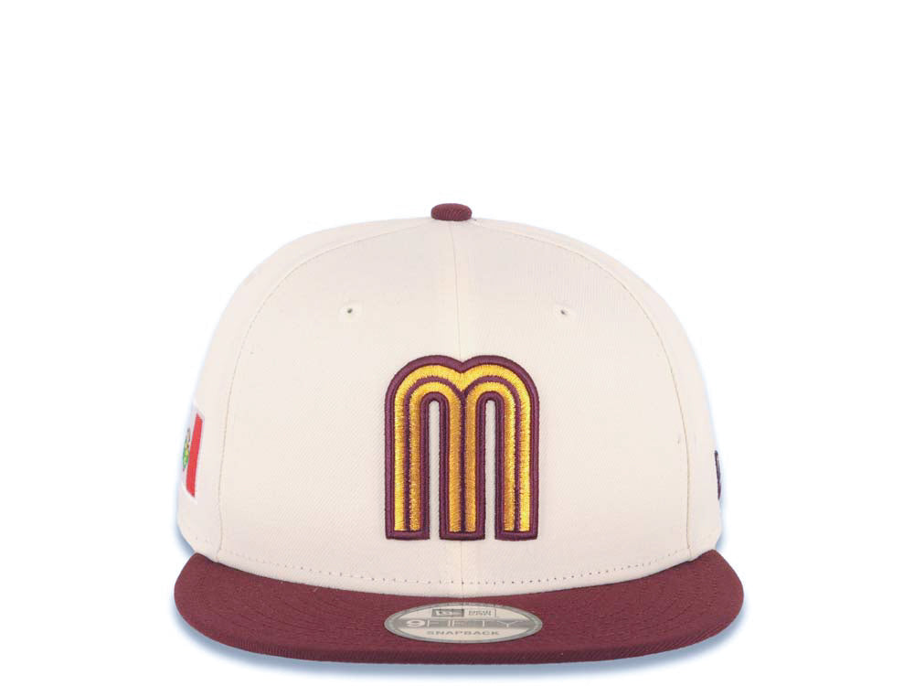 Mexico New Era 9FIFTY 950 Snapback Cap Hat Cream Crown Maroon Visor Metallic Gold/Maroon Logo Mexico Flag Side Patch Logo Gray UV