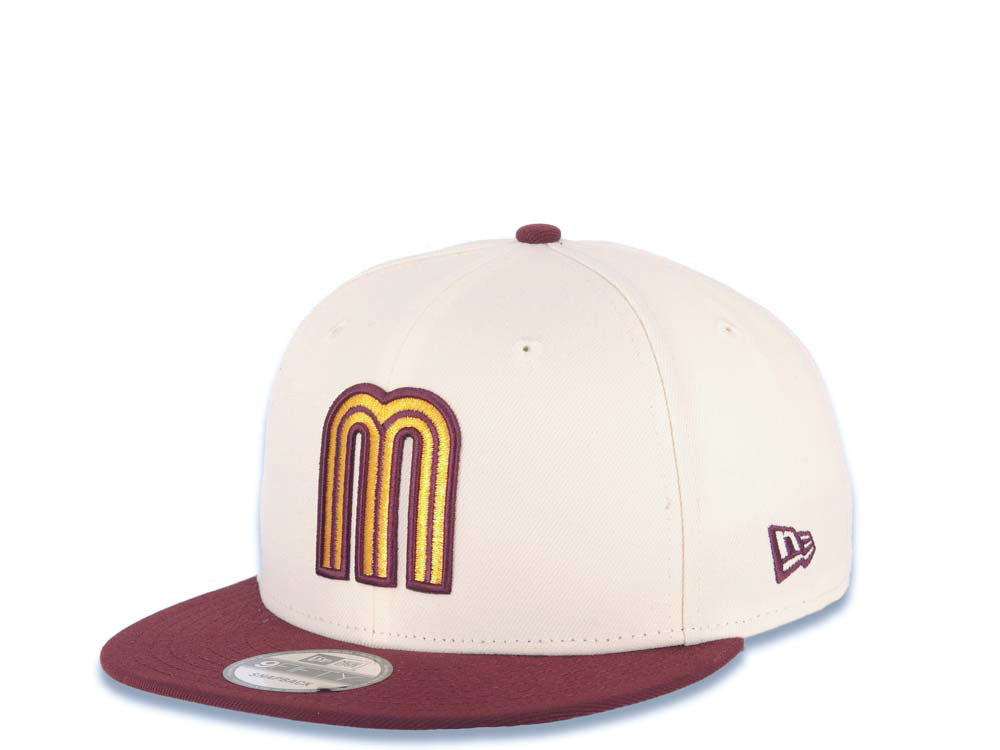 Mexico New Era 9FIFTY 950 Snapback Cap Hat Cream Crown Maroon Visor Metallic Gold/Maroon Logo Mexico Flag Side Patch Logo Gray UV