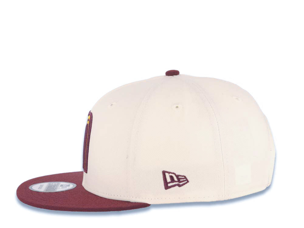 Mexico New Era 9FIFTY 950 Snapback Cap Hat Cream Crown Maroon Visor Metallic Gold/Maroon Logo Mexico Flag Side Patch Logo Gray UV
