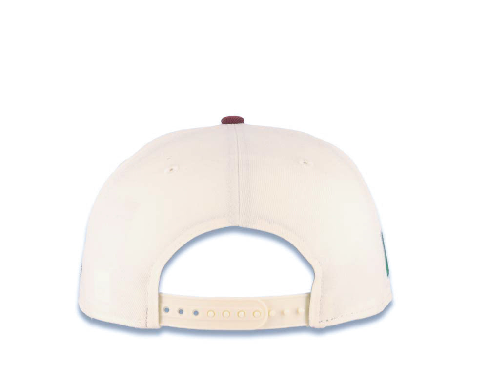 Mexico New Era 9FIFTY 950 Snapback Cap Hat Cream Crown Maroon Visor Metallic Gold/Maroon Logo Mexico Flag Side Patch Logo Gray UV