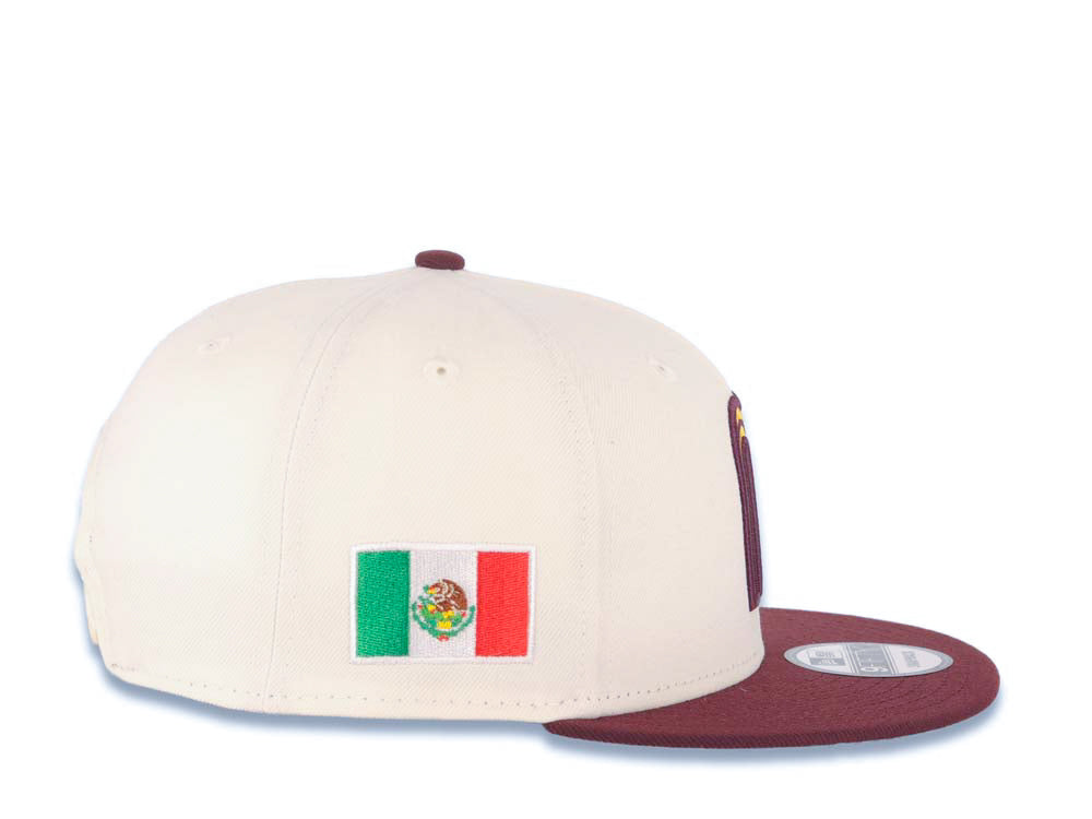 Mexico New Era 9FIFTY 950 Snapback Cap Hat Cream Crown Maroon Visor Metallic Gold/Maroon Logo Mexico Flag Side Patch Logo Gray UV