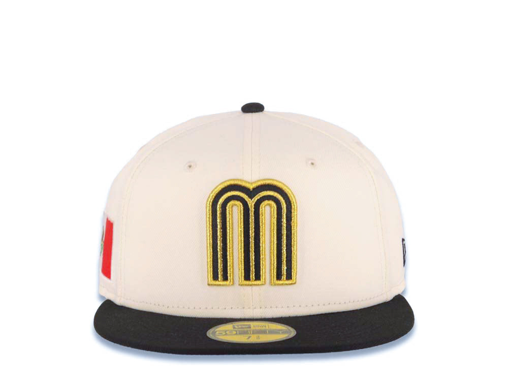 Mexico New Era WBC 59FIFTY 5950 Fitted Cap Hat Cream Crown Black Visor Black/Metallic Gold Logo Mexico Flag Side Patch Gray UV