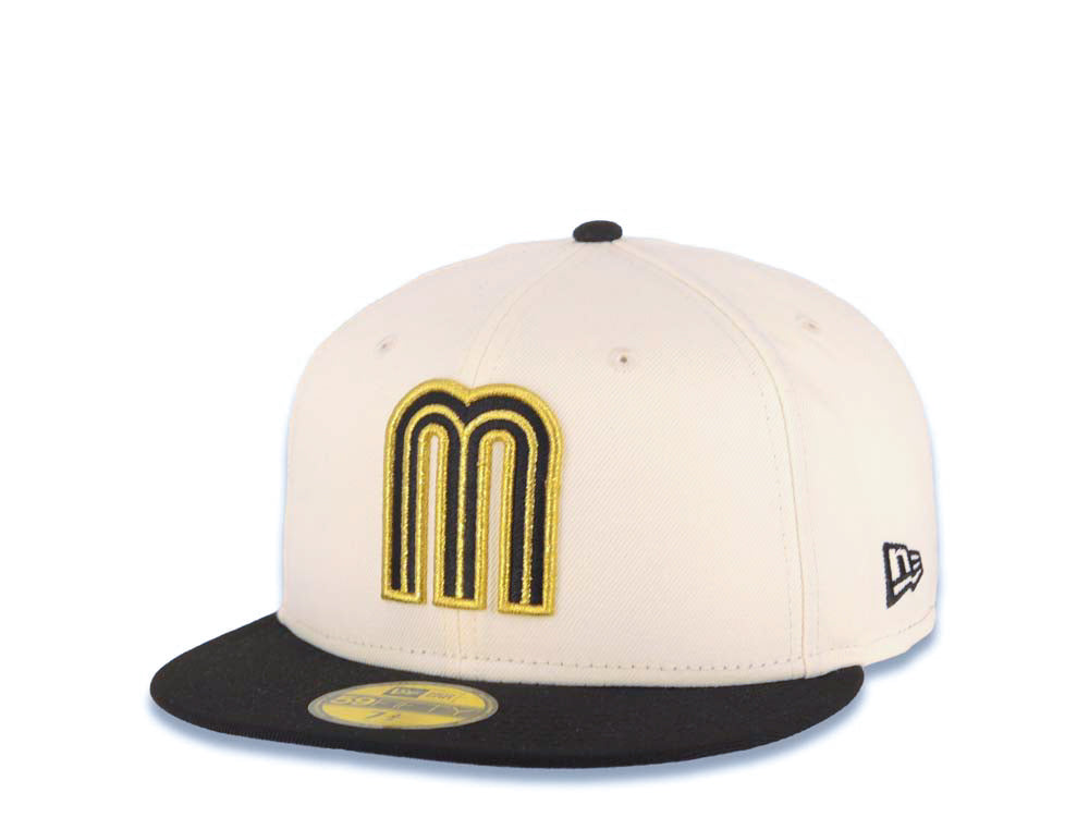 Mexico New Era WBC 59FIFTY 5950 Fitted Cap Hat Cream Crown Black Visor Black/Metallic Gold Logo Mexico Flag Side Patch Gray UV