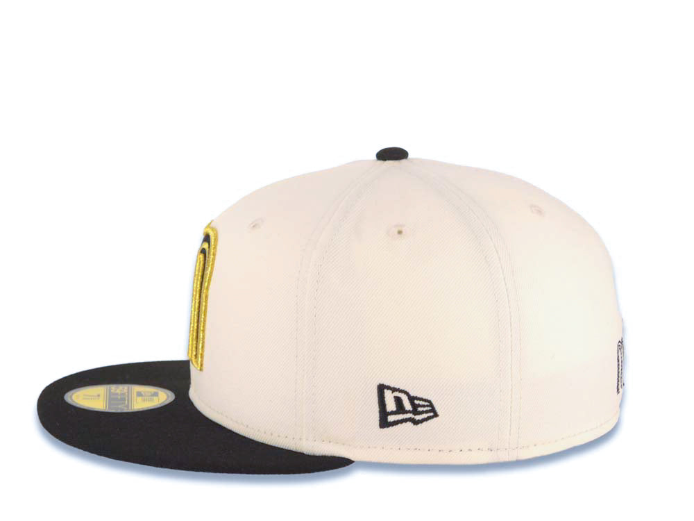 Mexico New Era WBC 59FIFTY 5950 Fitted Cap Hat Cream Crown Black Visor Black/Metallic Gold Logo Mexico Flag Side Patch Gray UV