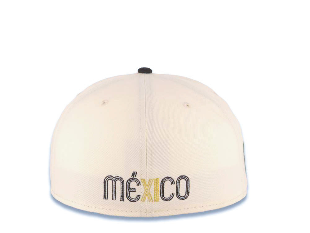Mexico New Era WBC 59FIFTY 5950 Fitted Cap Hat Cream Crown Black Visor Black/Metallic Gold Logo Mexico Flag Side Patch Gray UV