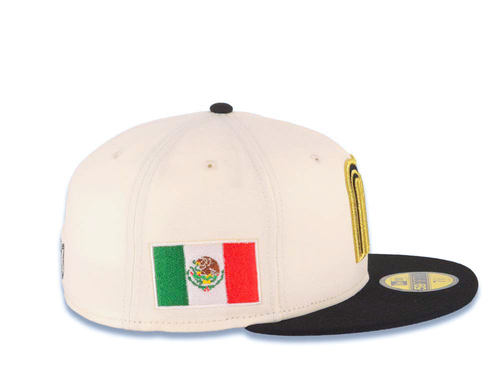 Mexico New Era WBC 59FIFTY 5950 Fitted Cap Hat Cream Crown Black Visor Black/Metallic Gold Logo Mexico Flag Side Patch Gray UV