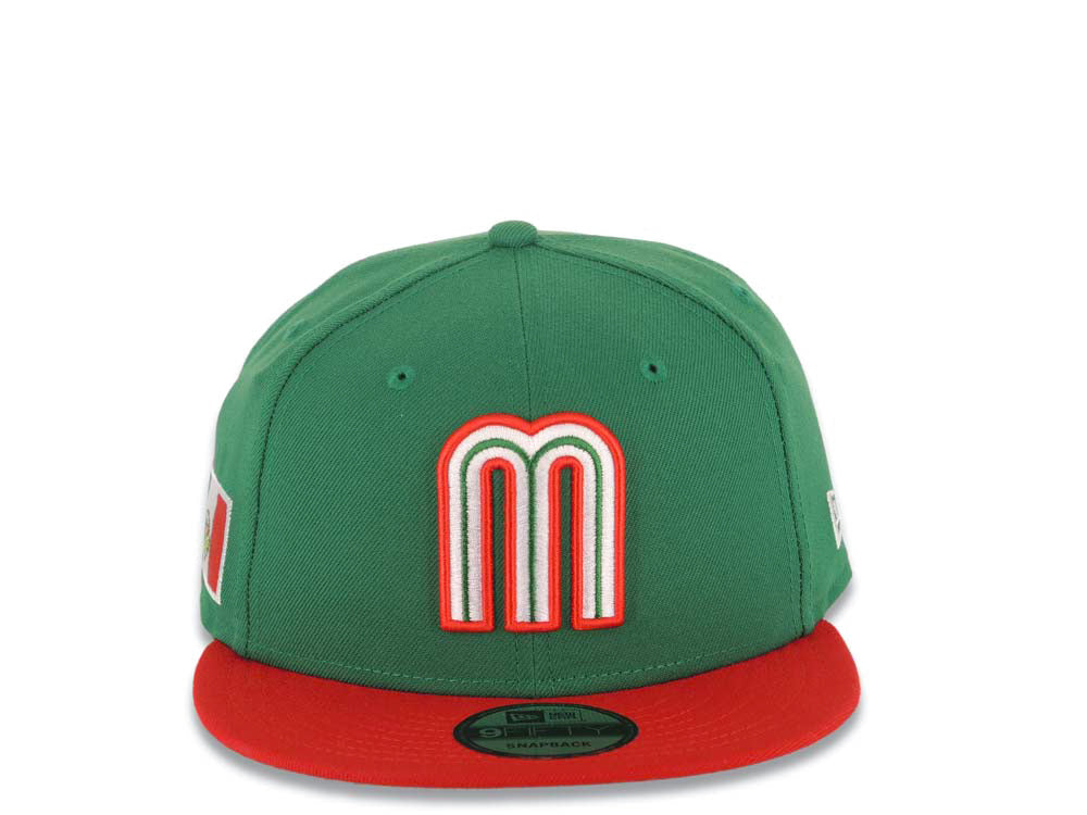 Mexico New Era WBC World Baseball Classic 9FIFTY 950 Snapback Cap Hat Green Crown Red Visor Team Color Logo Mexico Flag Side Patch Gray UV