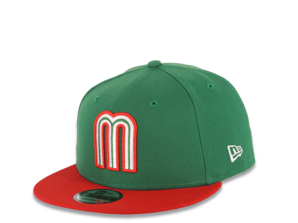 Mexico New Era WBC World Baseball Classic 9FIFTY 950 Snapback Cap Hat Green Crown Red Visor Team Color Logo Mexico Flag Side Patch Gray UV