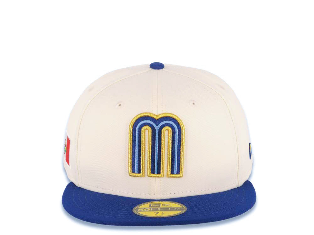 Mexico New Era WBC 59FIFTY 5950 Fitted Cap Hat Cream Crown Royal Blue Visor Royal/Metallic Gold/Sky Blue Logo Mexico Flag Side Patch Sky Blue UV