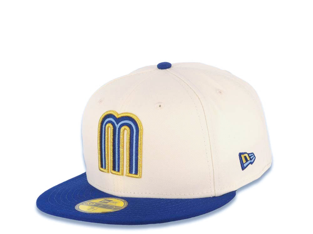 Mexico New Era WBC 59FIFTY 5950 Fitted Cap Hat Cream Crown Royal Blue Visor Royal/Metallic Gold/Sky Blue Logo Mexico Flag Side Patch Sky Blue UV