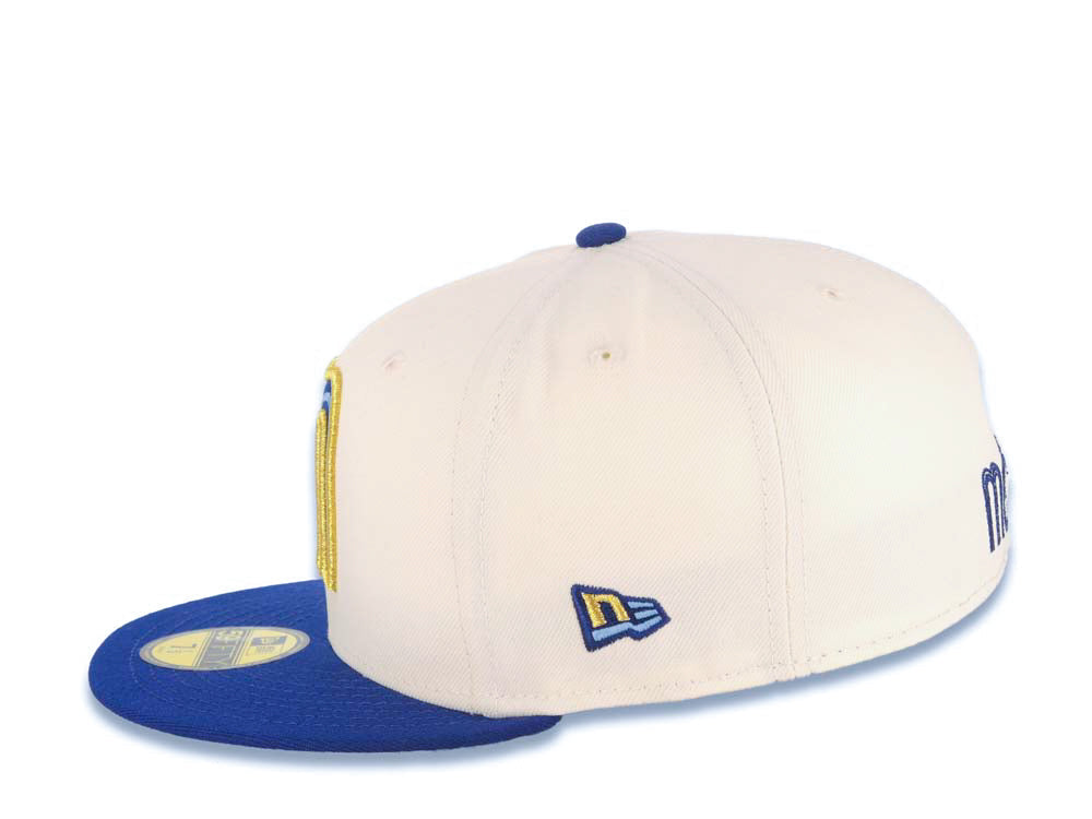 Mexico New Era WBC 59FIFTY 5950 Fitted Cap Hat Cream Crown Royal Blue Visor Royal/Metallic Gold/Sky Blue Logo Mexico Flag Side Patch Sky Blue UV