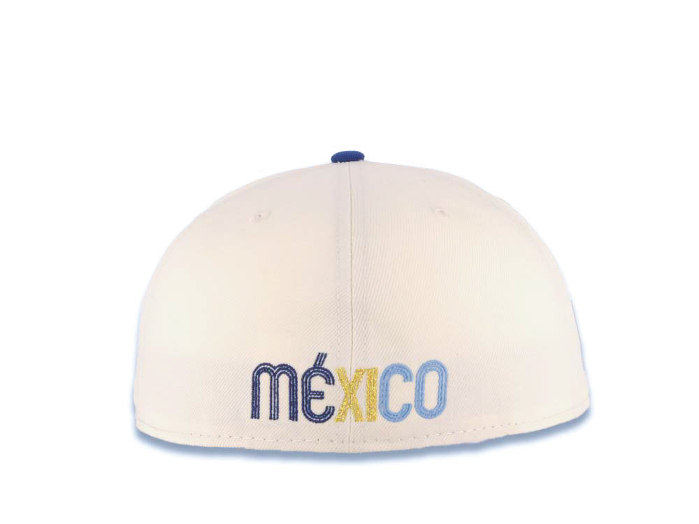 Mexico New Era WBC 59FIFTY 5950 Fitted Cap Hat Cream Crown Royal Blue Visor Royal/Metallic Gold/Sky Blue Logo Mexico Flag Side Patch Sky Blue UV