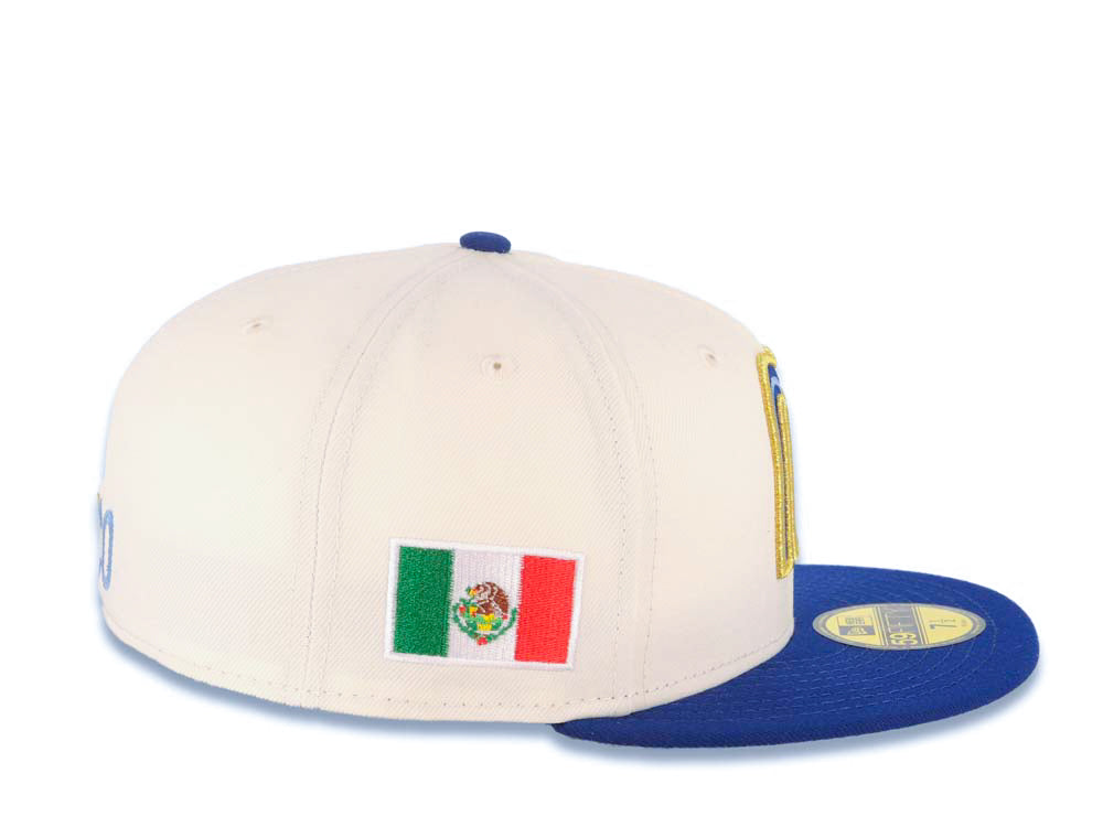 Mexico New Era WBC 59FIFTY 5950 Fitted Cap Hat Cream Crown Royal Blue Visor Royal/Metallic Gold/Sky Blue Logo Mexico Flag Side Patch Sky Blue UV