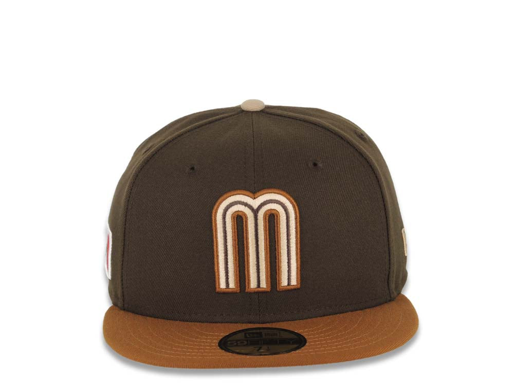 Mexico New Era WBC 59FIFTY 5950 Fitted Cap Hat Brown Crown Light Brown Visor Light Khaki/Brown Logo Mexico Flag Side Patch Light Khaki UV