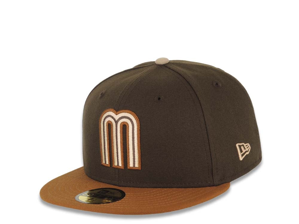 Mexico New Era WBC 59FIFTY 5950 Fitted Cap Hat Brown Crown Light Brown Visor Light Khaki/Brown Logo Mexico Flag Side Patch Light Khaki UV