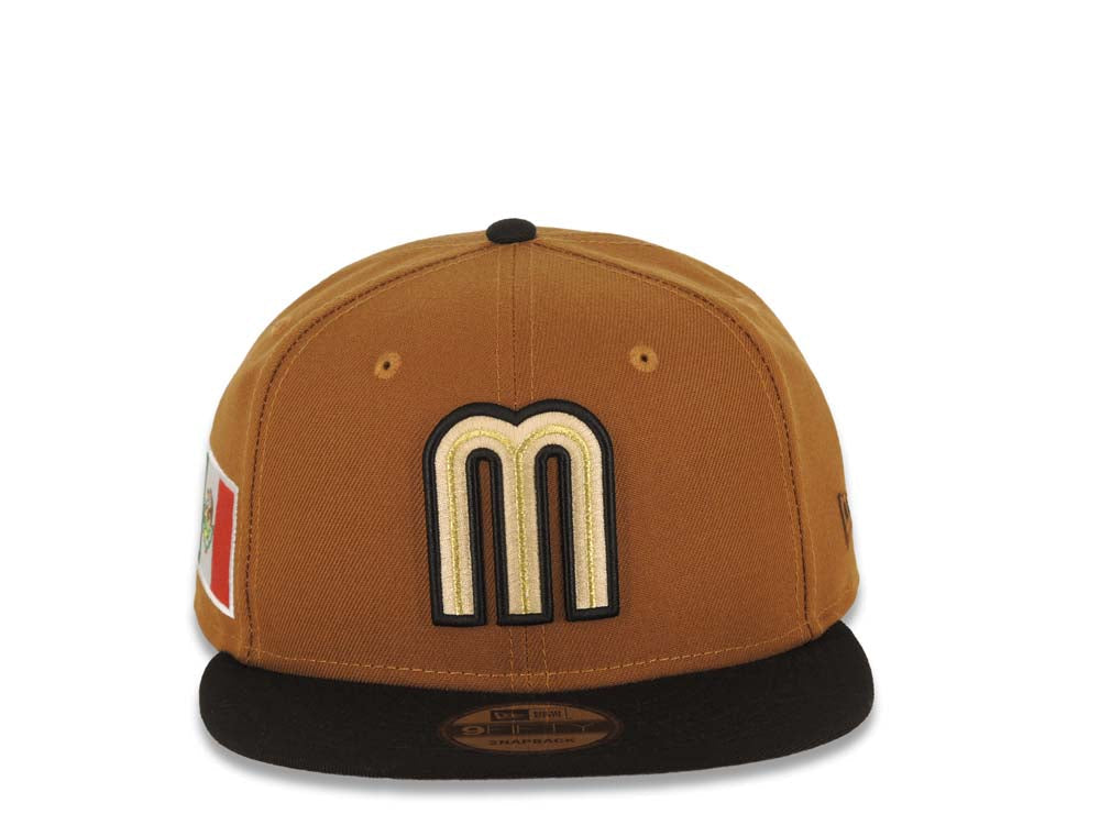 Mexico New Era WBC 9FIFTY 950 Snapback Cap Hat Brown Crown Black Visor Khaki/Black/Metallic Gold Logo Mexico Flag Side Patch Wheat UV