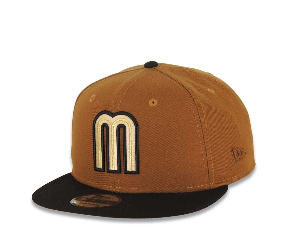 Mexico New Era WBC 9FIFTY 950 Snapback Cap Hat Brown Crown Black Visor Khaki/Black/Metallic Gold Logo Mexico Flag Side Patch Wheat UV