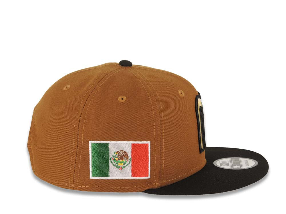 Mexico New Era WBC 9FIFTY 950 Snapback Cap Hat Brown Crown Black Visor Khaki/Black/Metallic Gold Logo Mexico Flag Side Patch Wheat UV