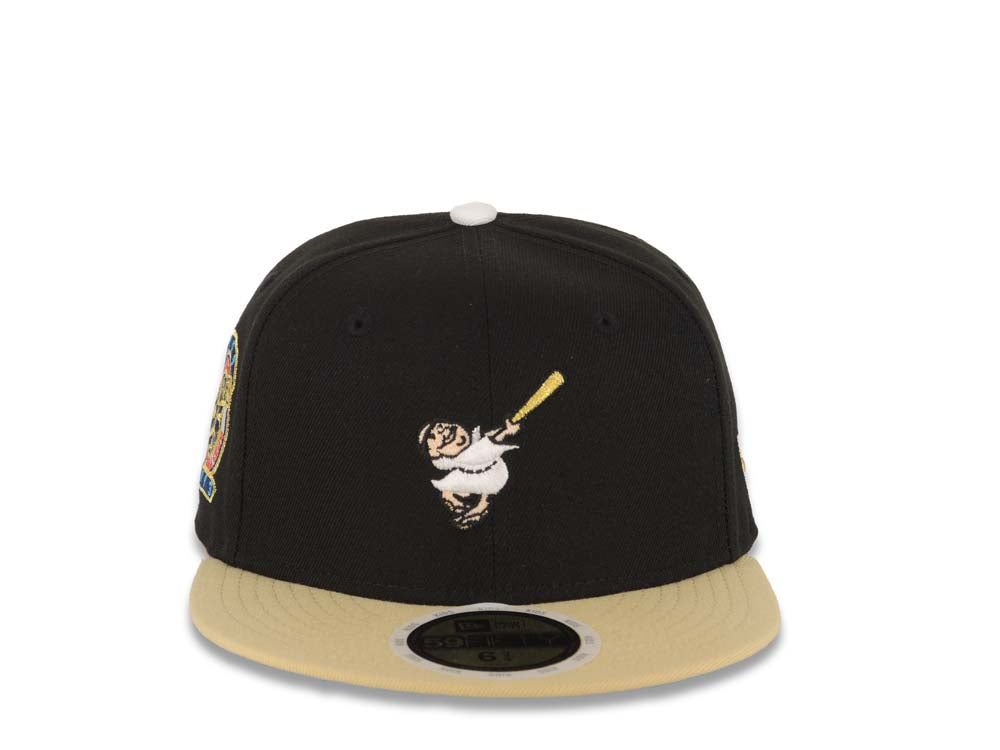 (Youth) San Diego Padres New Era MLB 59FIFTY 5950 Kid Fitted Cap Hat Black Crown Vegas Gold Visor White/Metallic Gold Swinging Friar Logo Blue UV