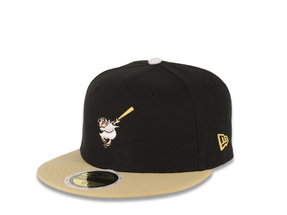 (Youth) San Diego Padres New Era MLB 59FIFTY 5950 Kid Fitted Cap Hat Black Crown Vegas Gold Visor White/Metallic Gold Swinging Friar Logo Blue UV