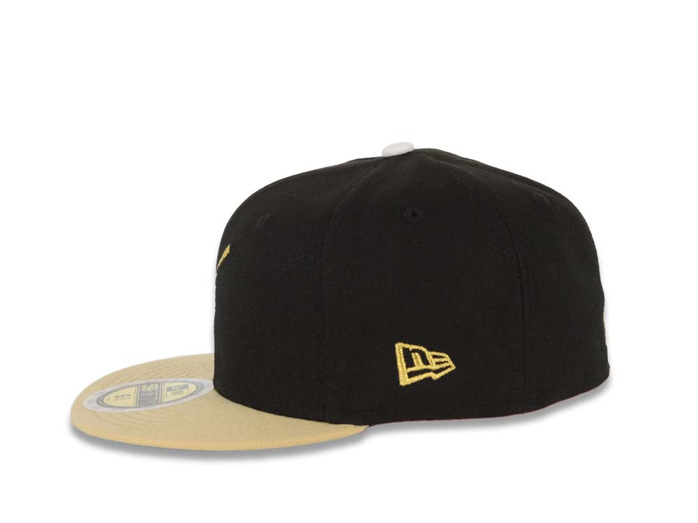 (Youth) San Diego Padres New Era MLB 59FIFTY 5950 Kid Fitted Cap Hat Black Crown Vegas Gold Visor White/Metallic Gold Swinging Friar Logo Blue UV