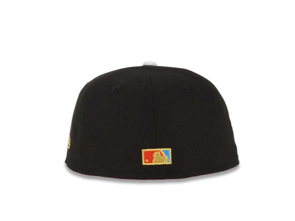 (Youth) San Diego Padres New Era MLB 59FIFTY 5950 Kid Fitted Cap Hat Black Crown Vegas Gold Visor White/Metallic Gold Swinging Friar Logo Blue UV