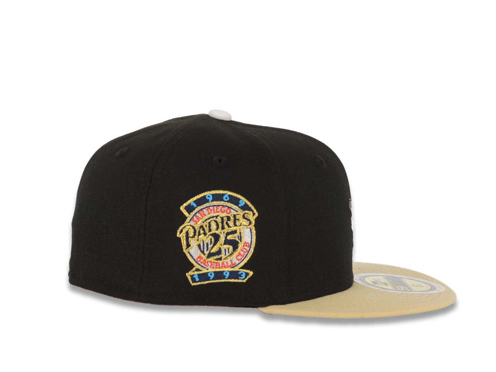 (Youth) San Diego Padres New Era MLB 59FIFTY 5950 Kid Fitted Cap Hat Black Crown Vegas Gold Visor White/Metallic Gold Swinging Friar Logo Blue UV