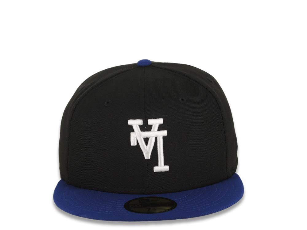 Los Angeles Dodgers New Era MLB 59FIFTY 5950 Fitted Cap Hat Black Crown Royal Blue Visor White Upside Down Logo Gray UV