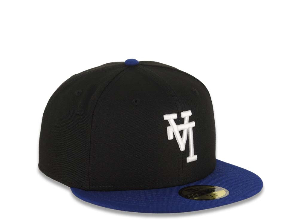 Los Angeles Dodgers New Era MLB 59FIFTY 5950 Fitted Cap Hat Black Crown Royal Blue Visor White Upside Down Logo Gray UV