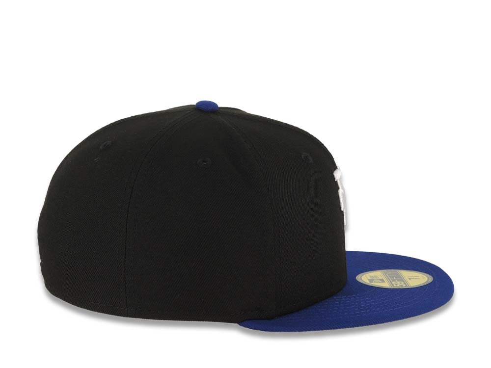 Los Angeles Dodgers New Era MLB 59FIFTY 5950 Fitted Cap Hat Black Crown Royal Blue Visor White Upside Down Logo Gray UV