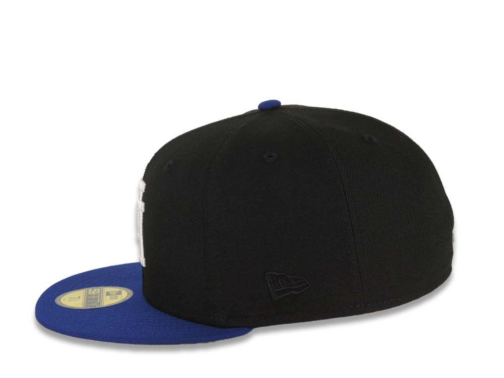 Los Angeles Dodgers New Era MLB 59FIFTY 5950 Fitted Cap Hat Black Crown Royal Blue Visor White Upside Down Logo Gray UV