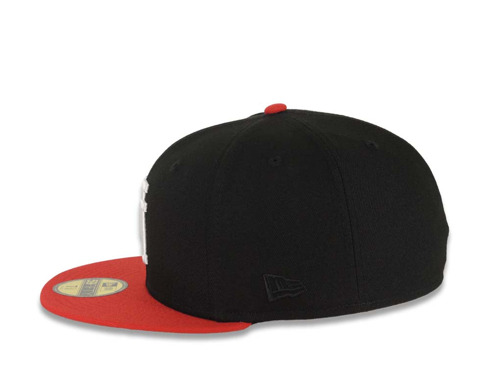 Los Angeles Dodgers New Era MLB 59FIFTY 5950 Fitted Cap Hat Black Crown Red Visor White Upside Down Logo Gray UV