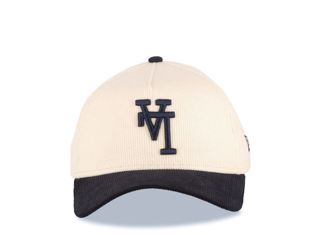 (Corduroy Crown) Los Angeles Dodgers New Era MLB 9FORTY 940 Adjustable A-Frame Cap Hat Cream Crown Navy Blue Visor Black Upside Down Logo Gray UV