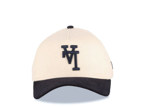 (Corduroy Crown) Los Angeles Dodgers New Era MLB 9FORTY 940 Adjustable A-Frame Cap Hat Cream Crown Navy Blue Visor Black Upside Down Logo Gray UV