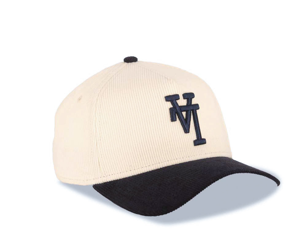(Corduroy Crown) Los Angeles Dodgers New Era MLB 9FORTY 940 Adjustable A-Frame Cap Hat Cream Crown Navy Blue Visor Black Upside Down Logo Gray UV