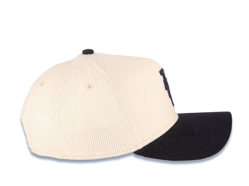 (Corduroy Crown) Los Angeles Dodgers New Era MLB 9FORTY 940 Adjustable A-Frame Cap Hat Cream Crown Navy Blue Visor Black Upside Down Logo Gray UV