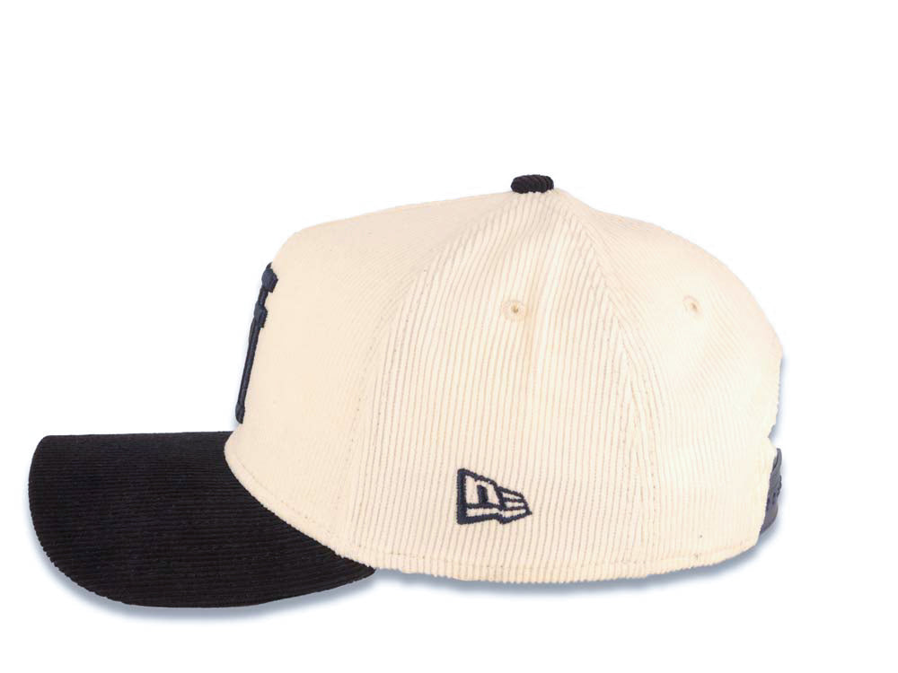 (Corduroy Crown) Los Angeles Dodgers New Era MLB 9FORTY 940 Adjustable A-Frame Cap Hat Cream Crown Navy Blue Visor Black Upside Down Logo Gray UV