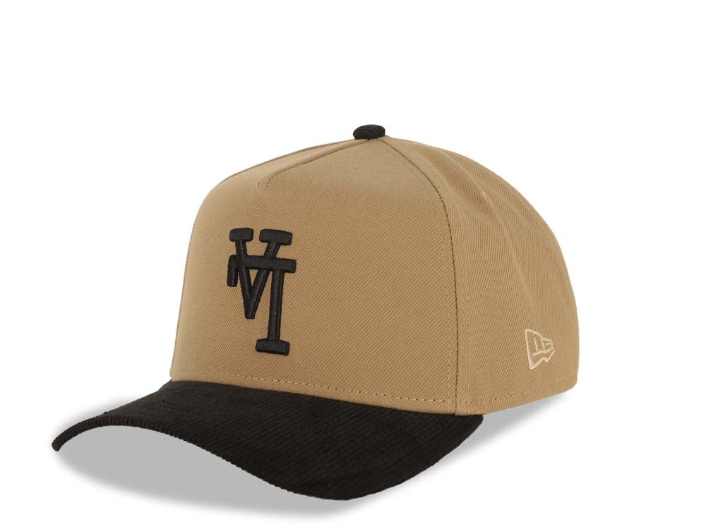 (Corduroy Visor) Los Angeles Dodgers New Era MLB 9FORTY 940 Adjustable A-Frame Cap Hat Khaki Crown Black Visor Black Upside Down Logo 1988 Patch