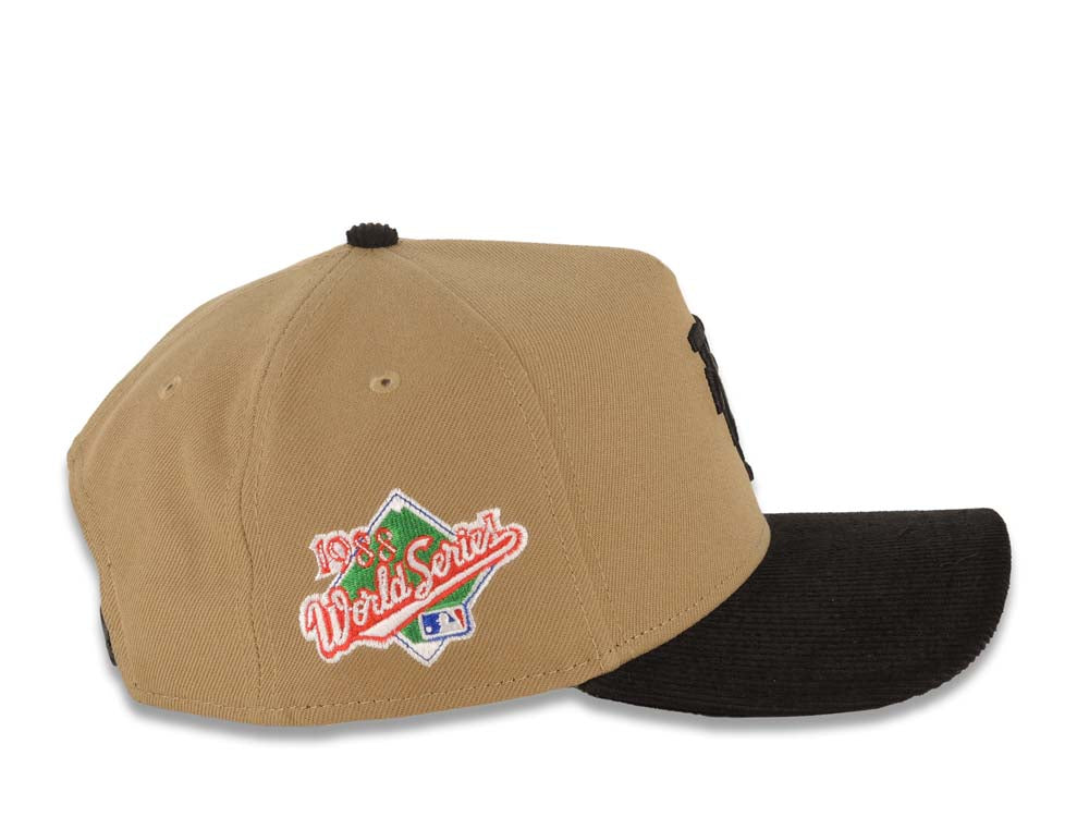 (Corduroy Visor) Los Angeles Dodgers New Era MLB 9FORTY 940 Adjustable A-Frame Cap Hat Khaki Crown Black Visor Black Upside Down Logo 1988 Patch