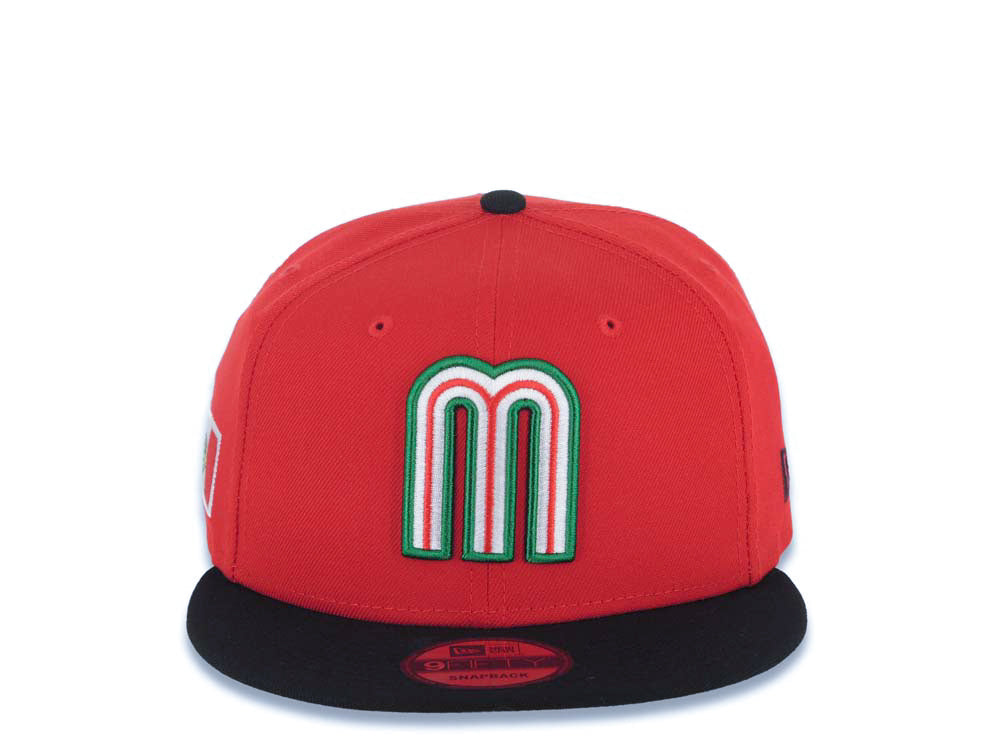 Mexico New Era WBC 9FIFTY 950 Snapback Cap Hat Red Crown Black Visor White/Green/Red Logo Mexico Flag Side Patch Gray UV