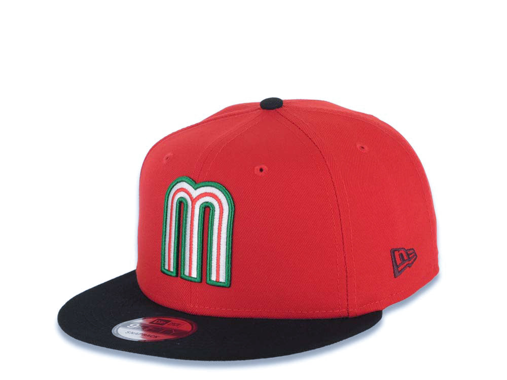 Mexico New Era WBC 9FIFTY 950 Snapback Cap Hat Red Crown Black Visor White/Green/Red Logo Mexico Flag Side Patch Gray UV