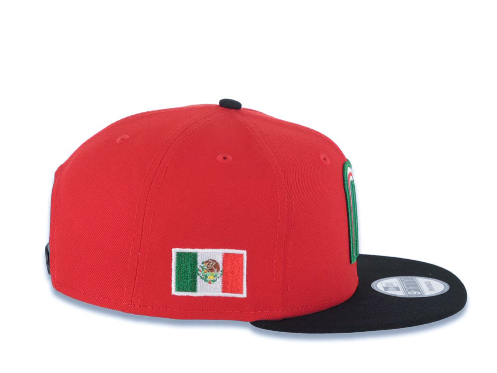 Mexico New Era WBC 9FIFTY 950 Snapback Cap Hat Red Crown Black Visor White/Green/Red Logo Mexico Flag Side Patch Gray UV