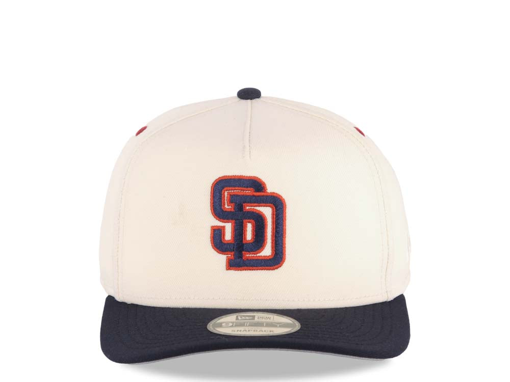 San Diego Padres New Era MLB 9FIFTY 950 A-Frame Snapback Cap Hat Cream Crown Navy Blue Visor Navy Blue/Red Logo 1998 World Series Side Patch Gray UV