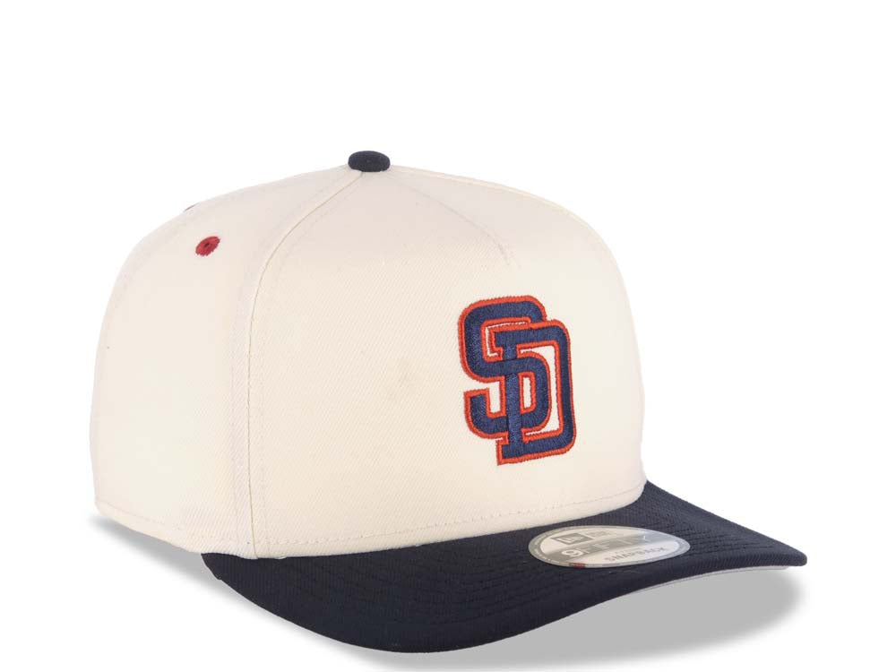 San Diego Padres New Era MLB 9FIFTY 950 A-Frame Snapback Cap Hat Cream Crown Navy Blue Visor Navy Blue/Red Logo 1998 World Series Side Patch Gray UV