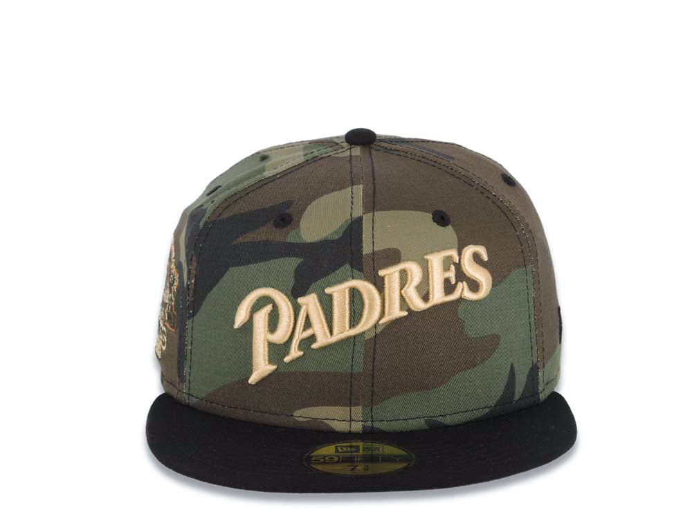 San Diego Padres New Era MLB 59FIFTY 5950 Fitted Cap Hat Camo Crown Black Visor Light Khaki Script Logo Stadium Side Patch Gray UV