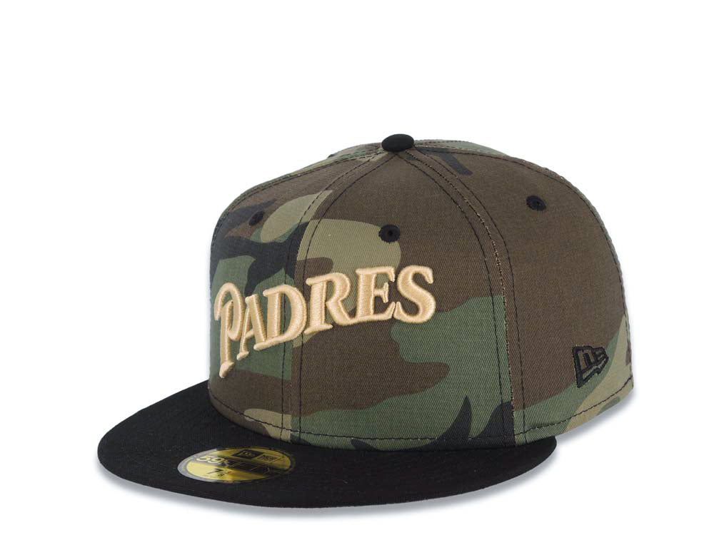 San Diego Padres New Era MLB 59FIFTY 5950 Fitted Cap Hat Camo Crown Black Visor Light Khaki Script Logo Stadium Side Patch Gray UV