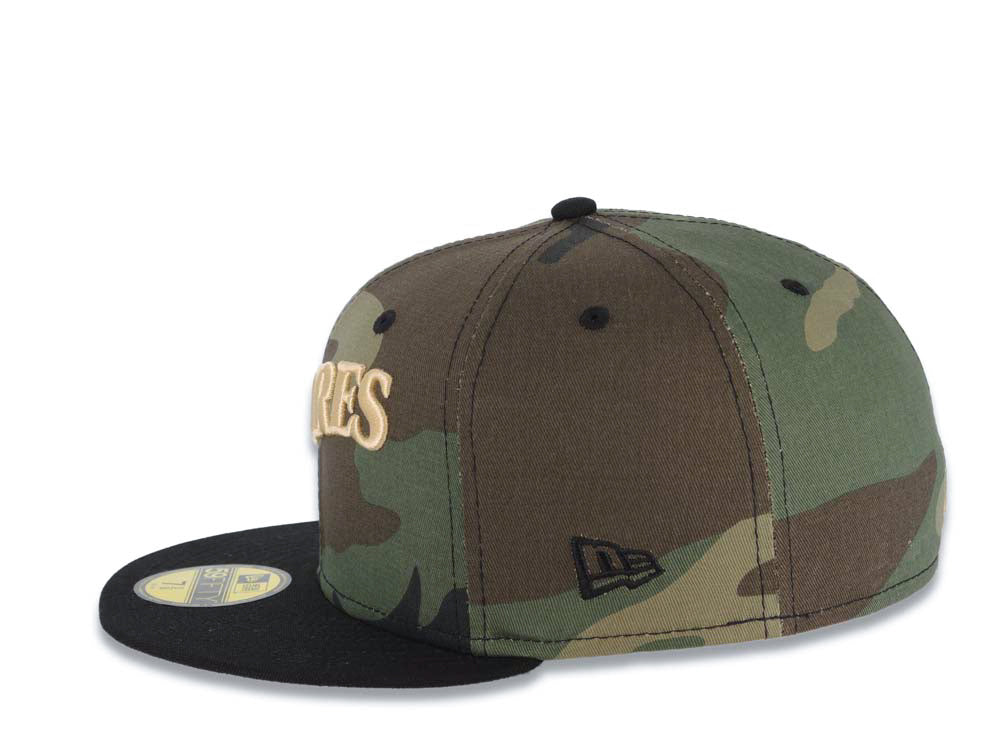 San Diego Padres New Era MLB 59FIFTY 5950 Fitted Cap Hat Camo Crown Black Visor Light Khaki Script Logo Stadium Side Patch Gray UV