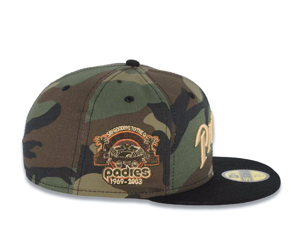 San Diego Padres New Era MLB 59FIFTY 5950 Fitted Cap Hat Camo Crown Black Visor Light Khaki Script Logo Stadium Side Patch Gray UV