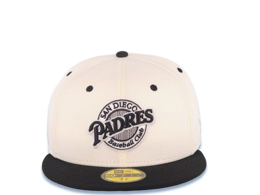 San Diego Padres New Era MLB 59FIFTY 5950 Fitted Cap Hat Cream Crown Black Visor Black/White Logo Baseball Club Green UV
