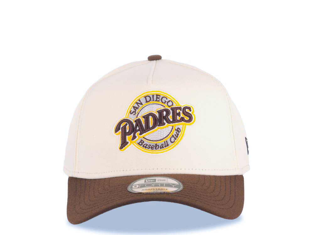 San Diego Padres New Era MLB 9FORTY 940 Adjustable A-Frame Cap Hat Cream Crown Brown Visor Brown/Yellow Baseball Club Logo Gray UV